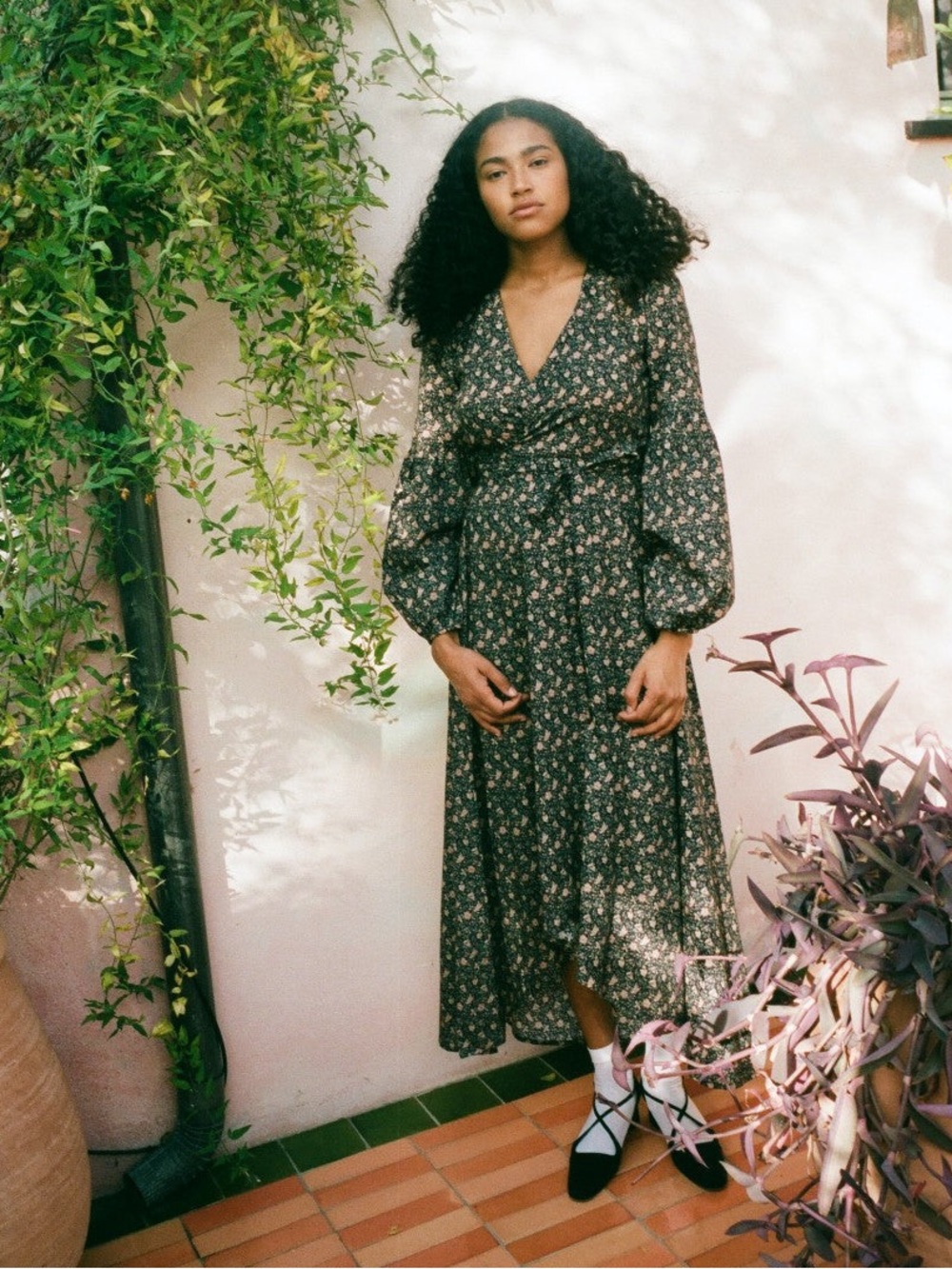Christy Dawn Bergen Dress in Black Cosmos Floral Cotton Wrap Maxi dress